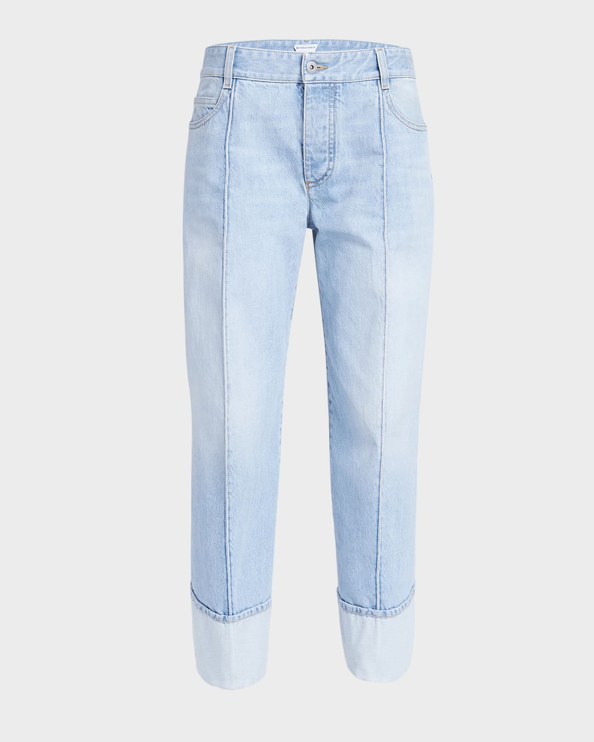 Shop Bottega Veneta Boyfriend Denim Cuffed Pants In Celeste