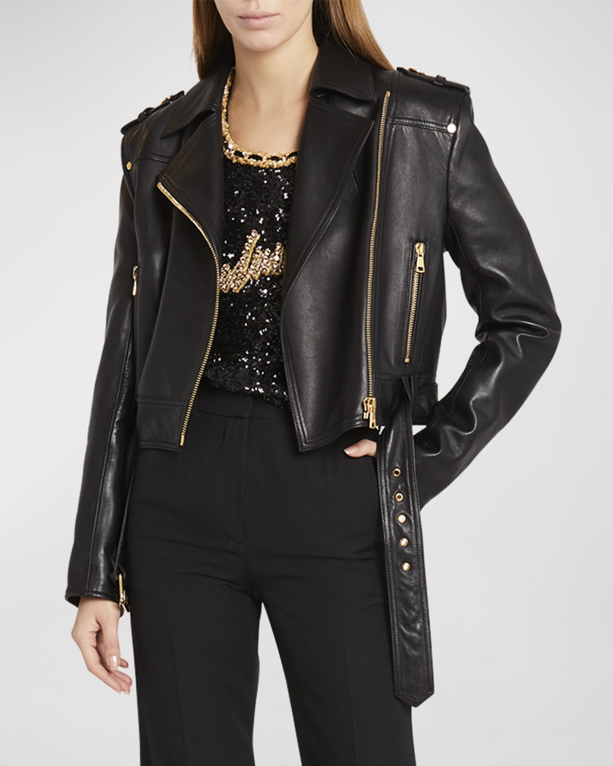 Shop Balmain Cropped Leather Moto Jacket With Belted Waist In Black