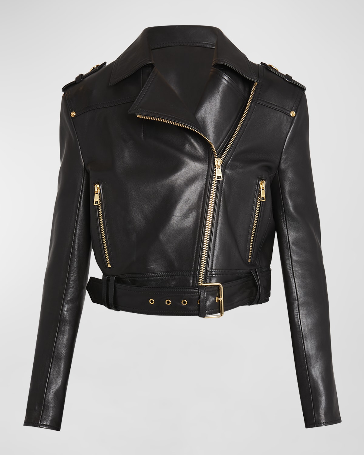 Shop Balmain Cropped Leather Moto Jacket With Belted Waist In Black