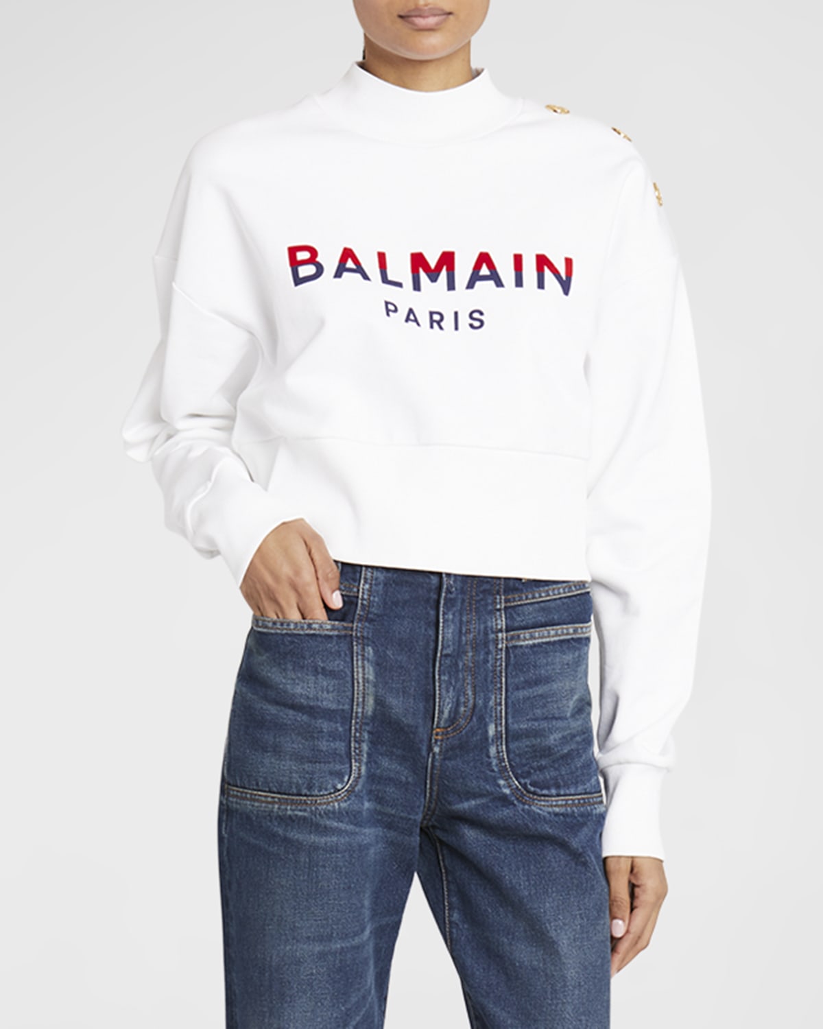 Balmain 3-button Flocked Logo-print Crop Sweatshirt In White Multi
