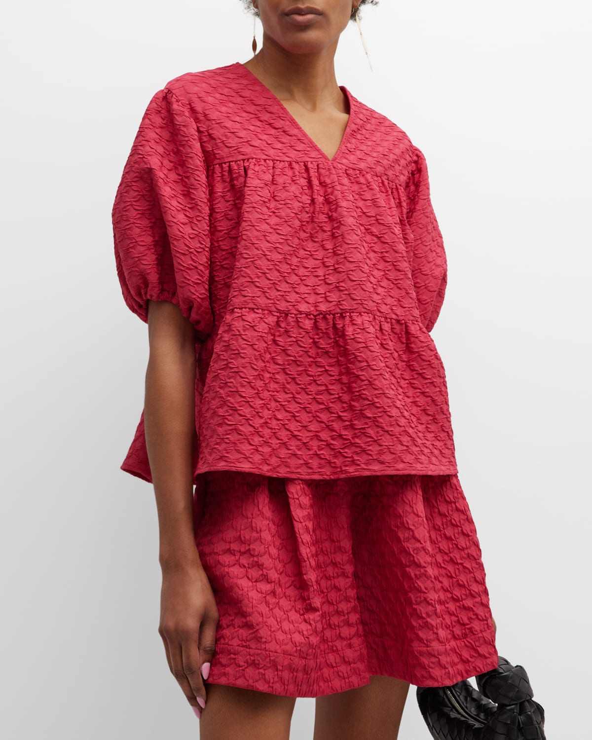 Merlette Paraiso Tiered Puff-Sleeve Jacquard Top