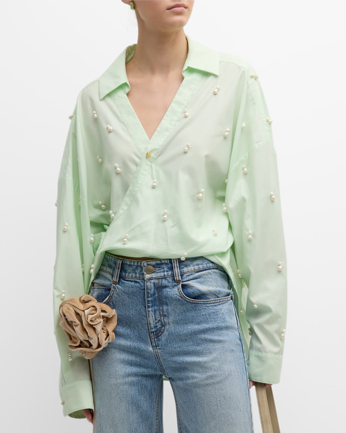 Hellessy Alder Twist-front Pearl Embroidered Shirt In Mint