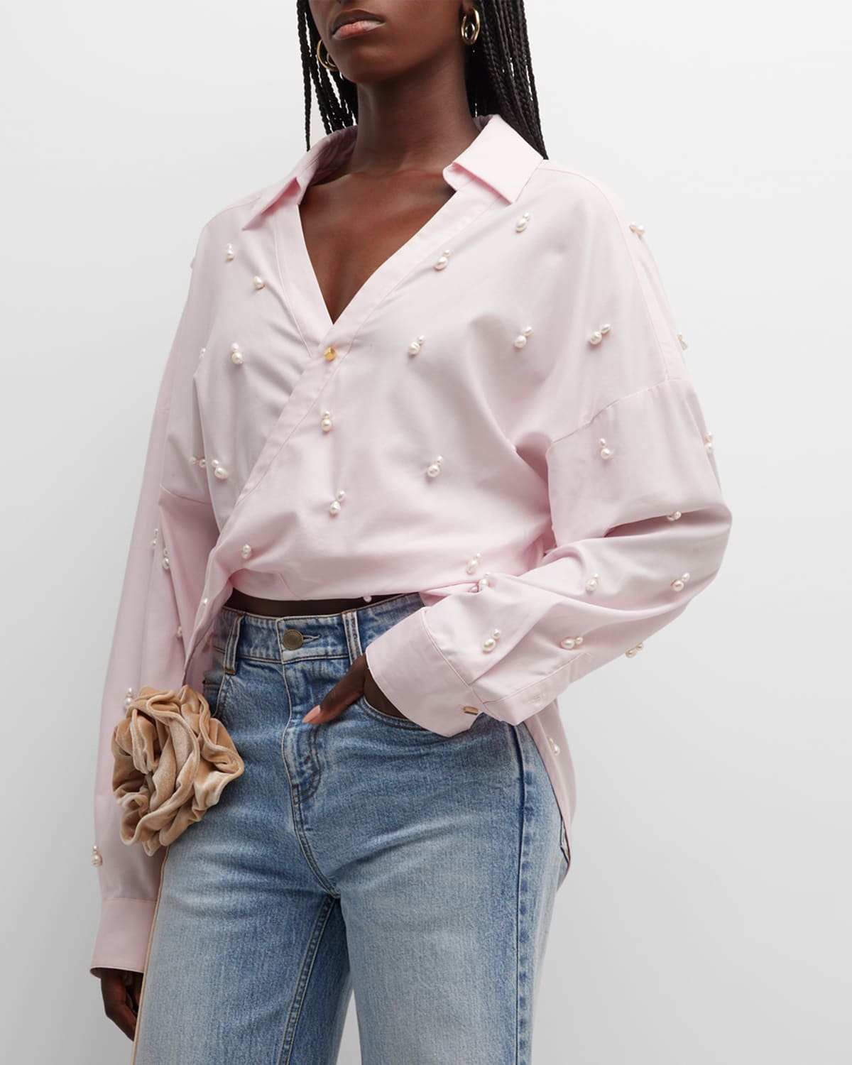 Shop Hellessy Alder Twist-front Pearl Embroidered Shirt In Pink