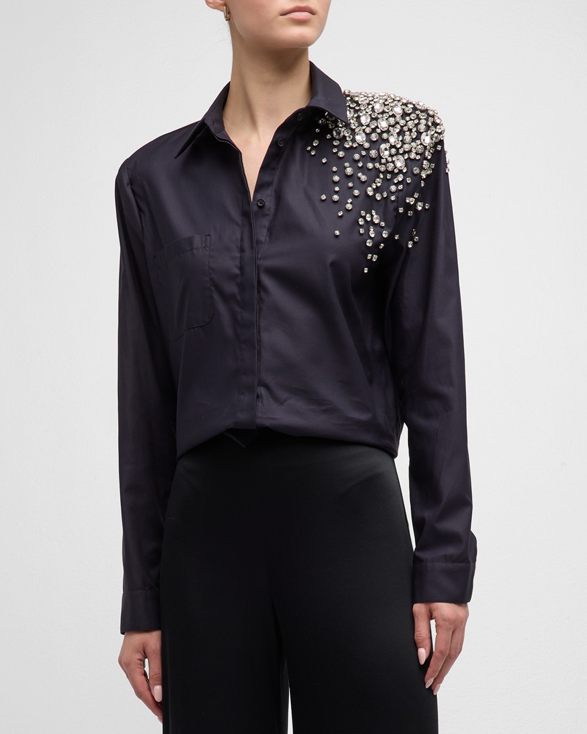 Hellessy Alfred Crystal-embroidered Button-front Shirt In Black