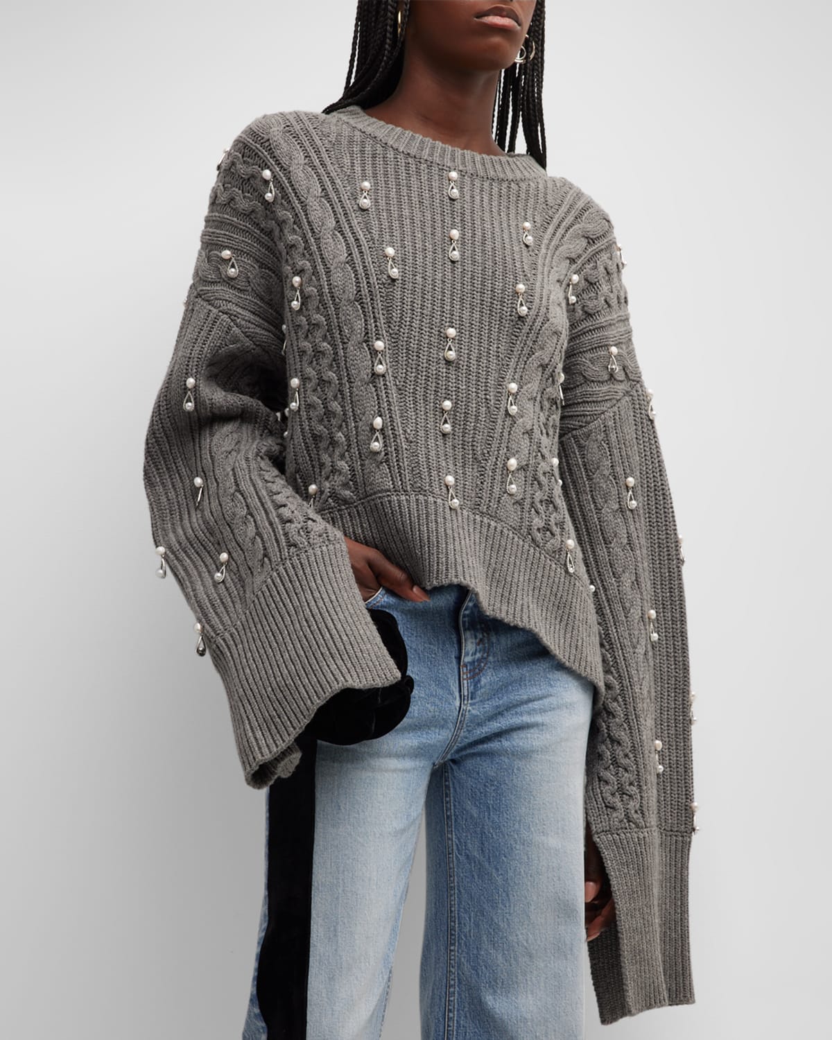 Shop Hellessy Ezra Crewneck Pearl-embroidered Sweater In Mid Grey
