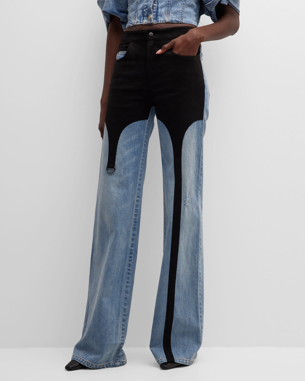 Shop Hellessy Jasper Wide-leg Faux-suede Garter Jeans In Lili Wash/black