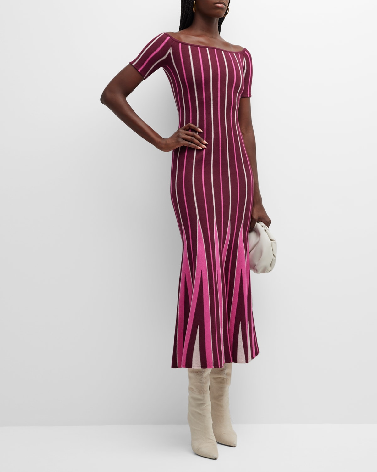 Gabriela Hearst Medea Striped Off-the-shoulder Midi Dress In Windsor Wine Mult