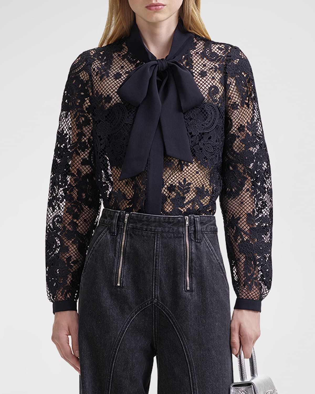 Tie-Bow Long-Sleeve Lace Shirt