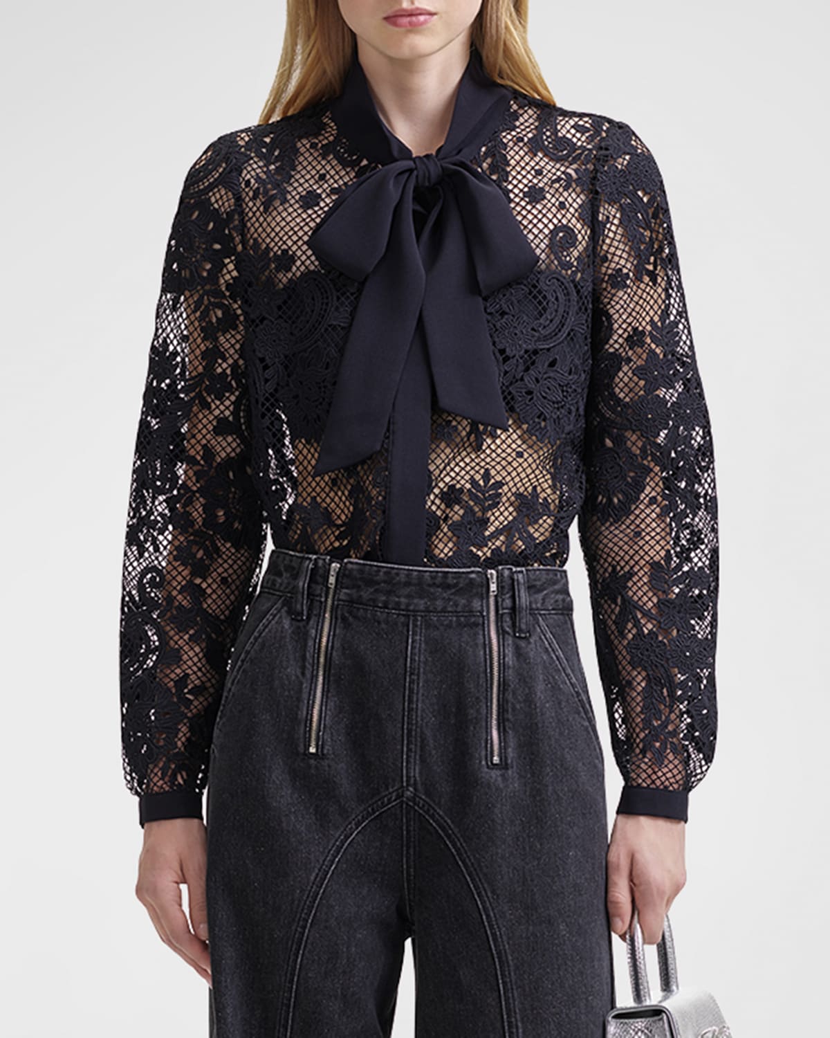 Self-portrait Tie-bow Long-sleeve Lace Shirt In Black