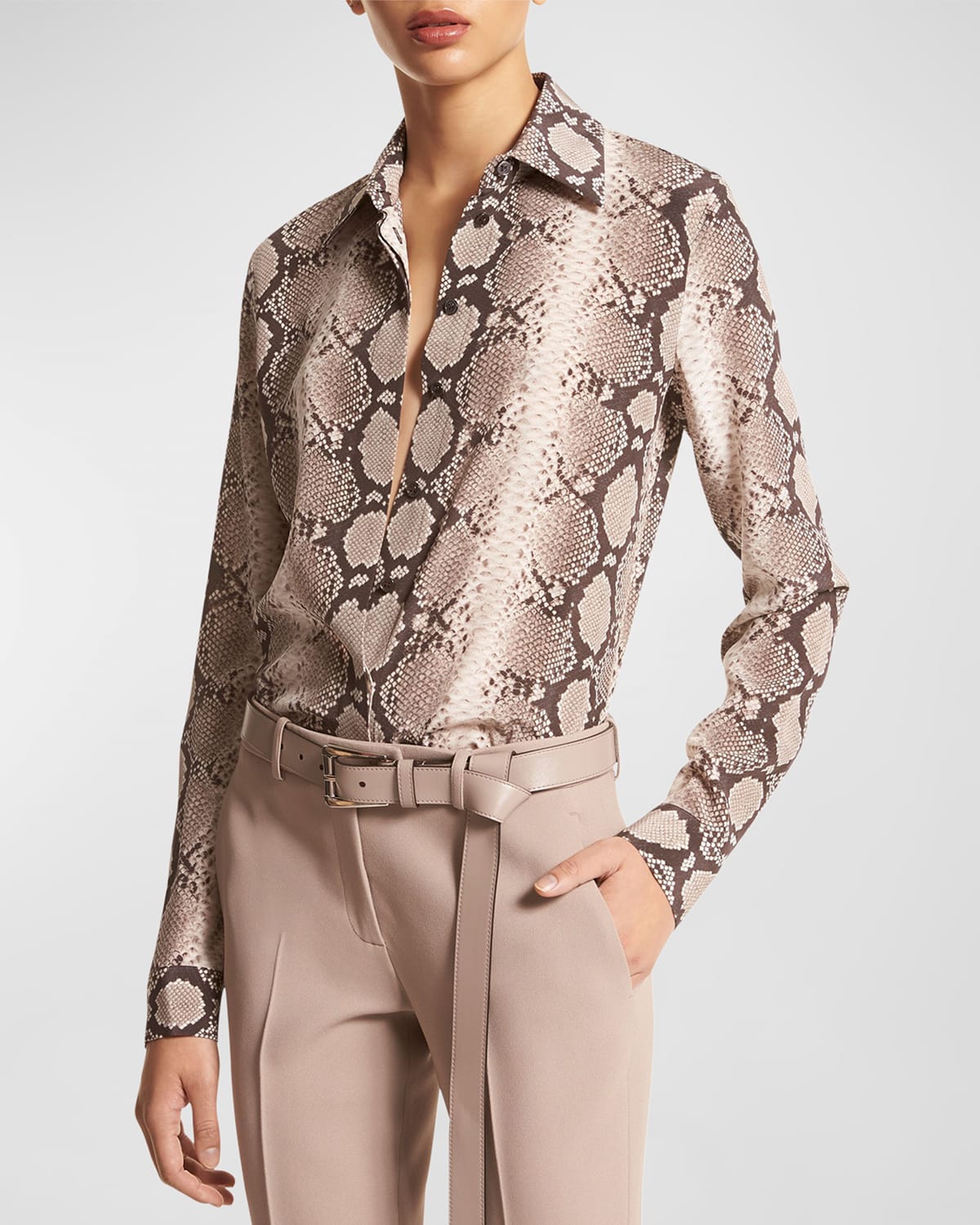 Michael Kors Hansen Python Spine Button-front Silk Shirt In Taupe Multi