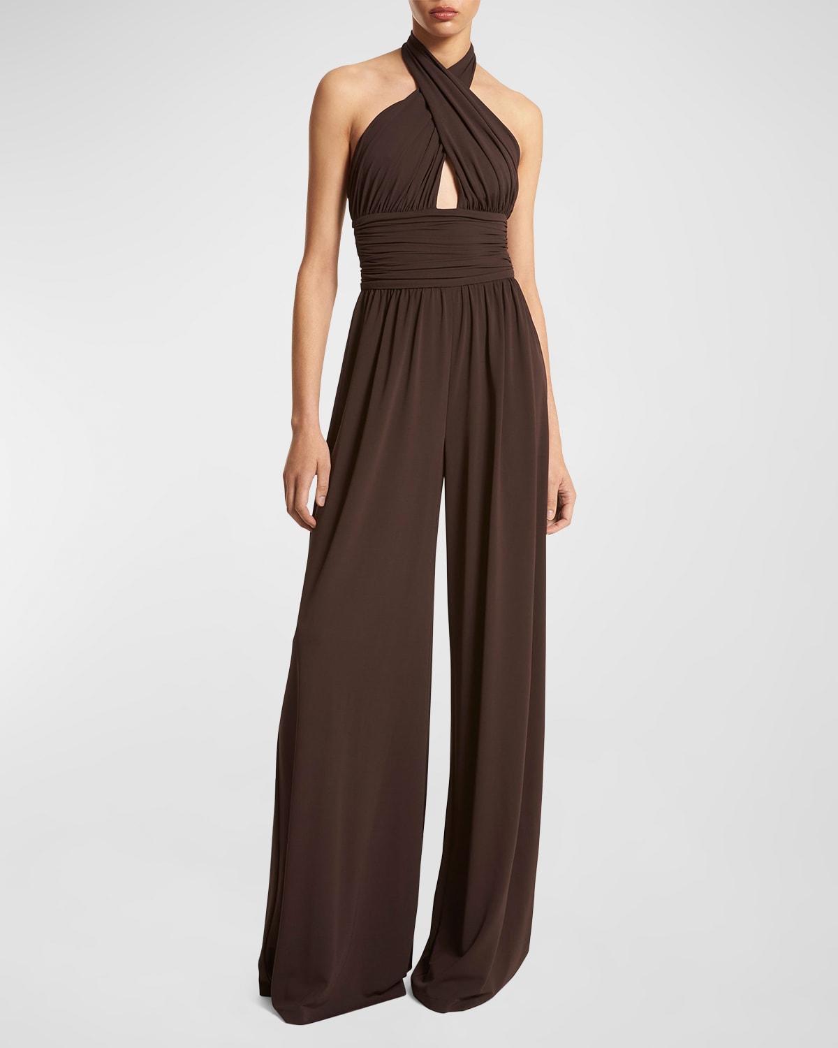 MICHAEL KORS CROSS HALTER MATTE JERSEY WIDE-LEG JUMPSUIT