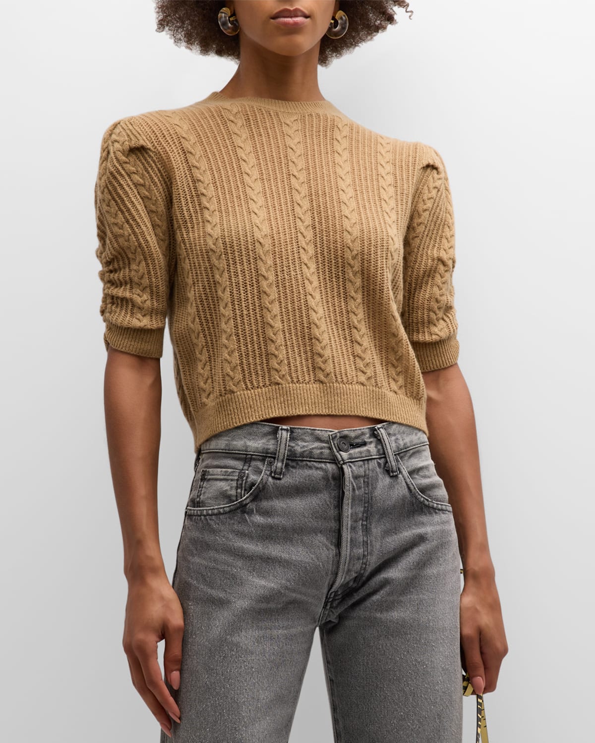 Frame Pointelle Cashmere-wool Cropped Sweater In Light Camel