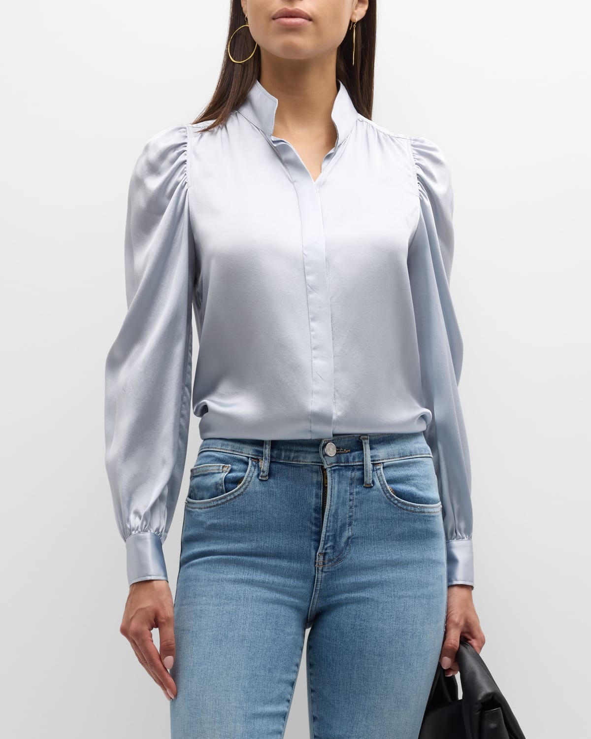 Shop Frame Gillian Long-sleeve Silk Top In Denim Blue