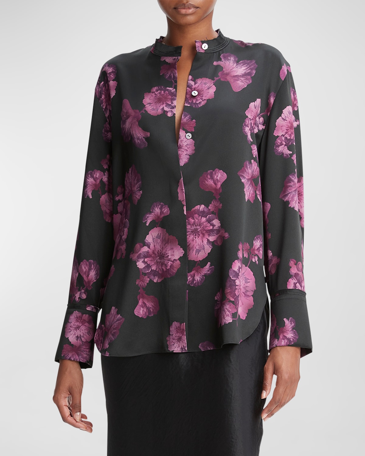 Shop Vince Silk Begonia-print Band-collar Blouse In Wine
