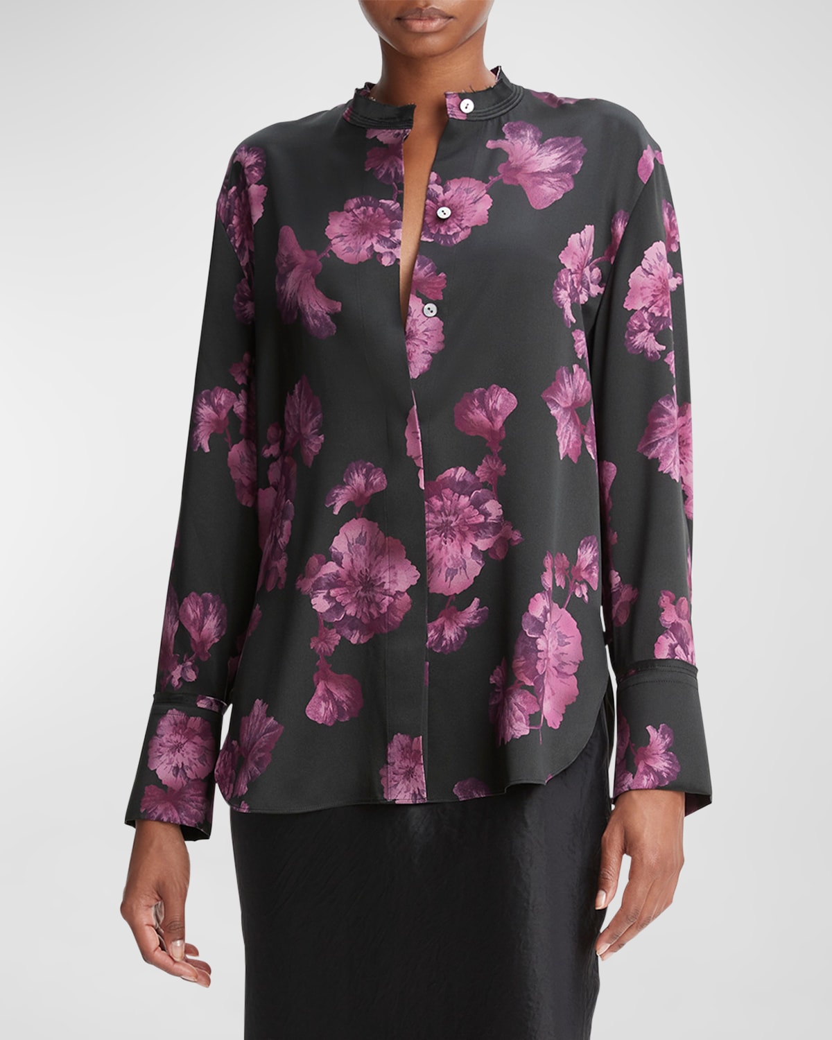 Vince Begonia Print Raw Neck Silk Blouse In Wine