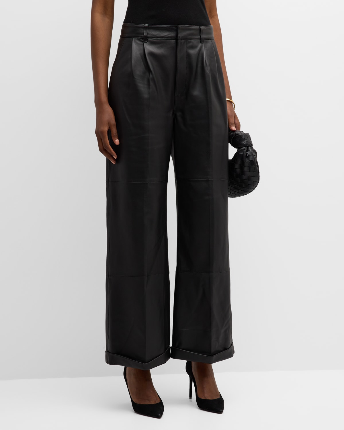 PAIGE JIA LEATHER PLEATED TROUSERS