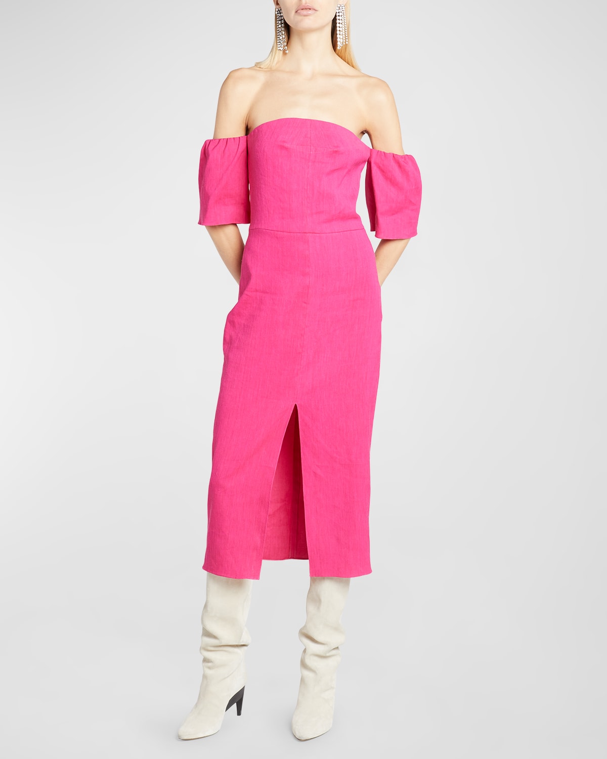 Shop Isabel Marant Stony Off-shoulder Hemp Midi Dress In Fuchsia