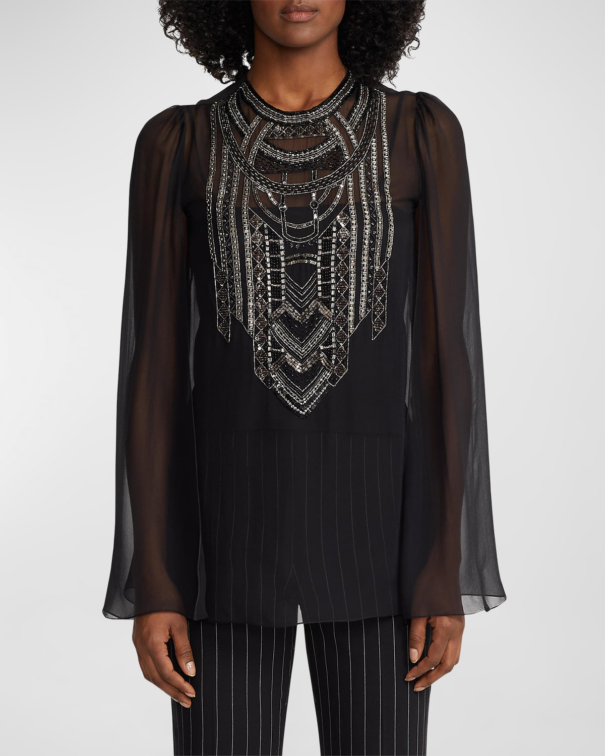 Shop Ralph Lauren Esmerelda Embellished Sheer Silk Top In Black