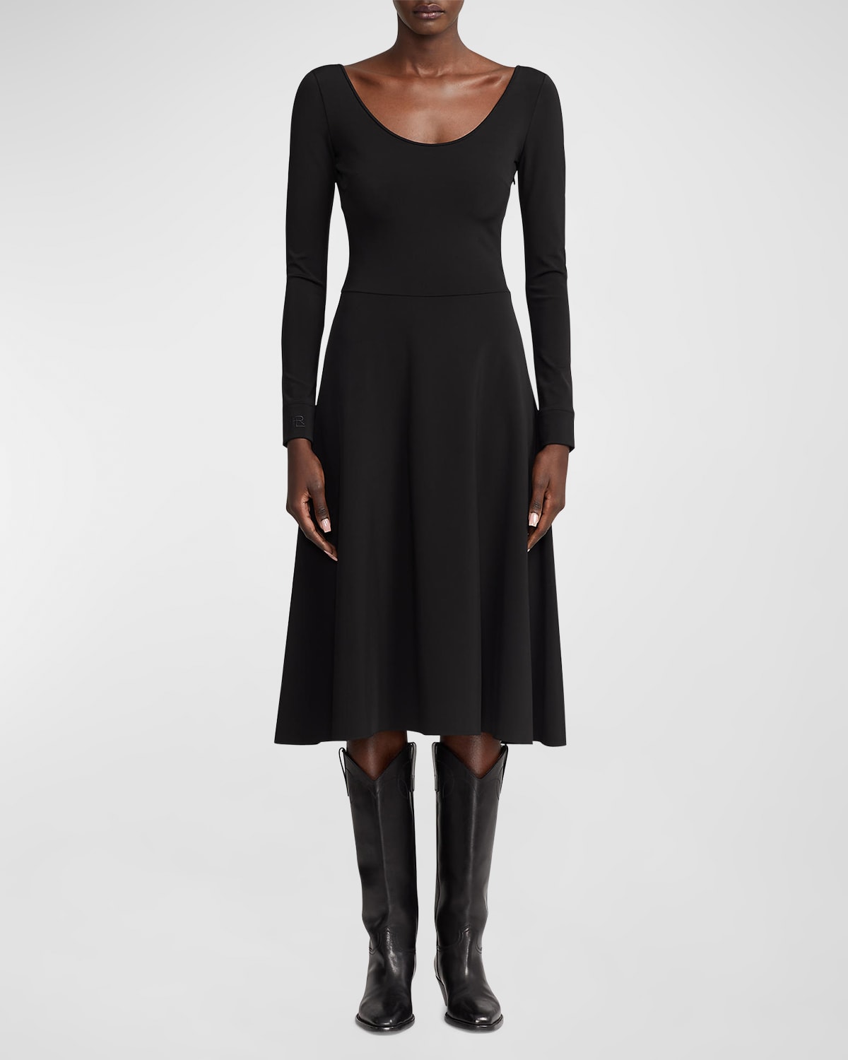 Shop Ralph Lauren Long-sleeve Scoop-neck Midi Dress In Black