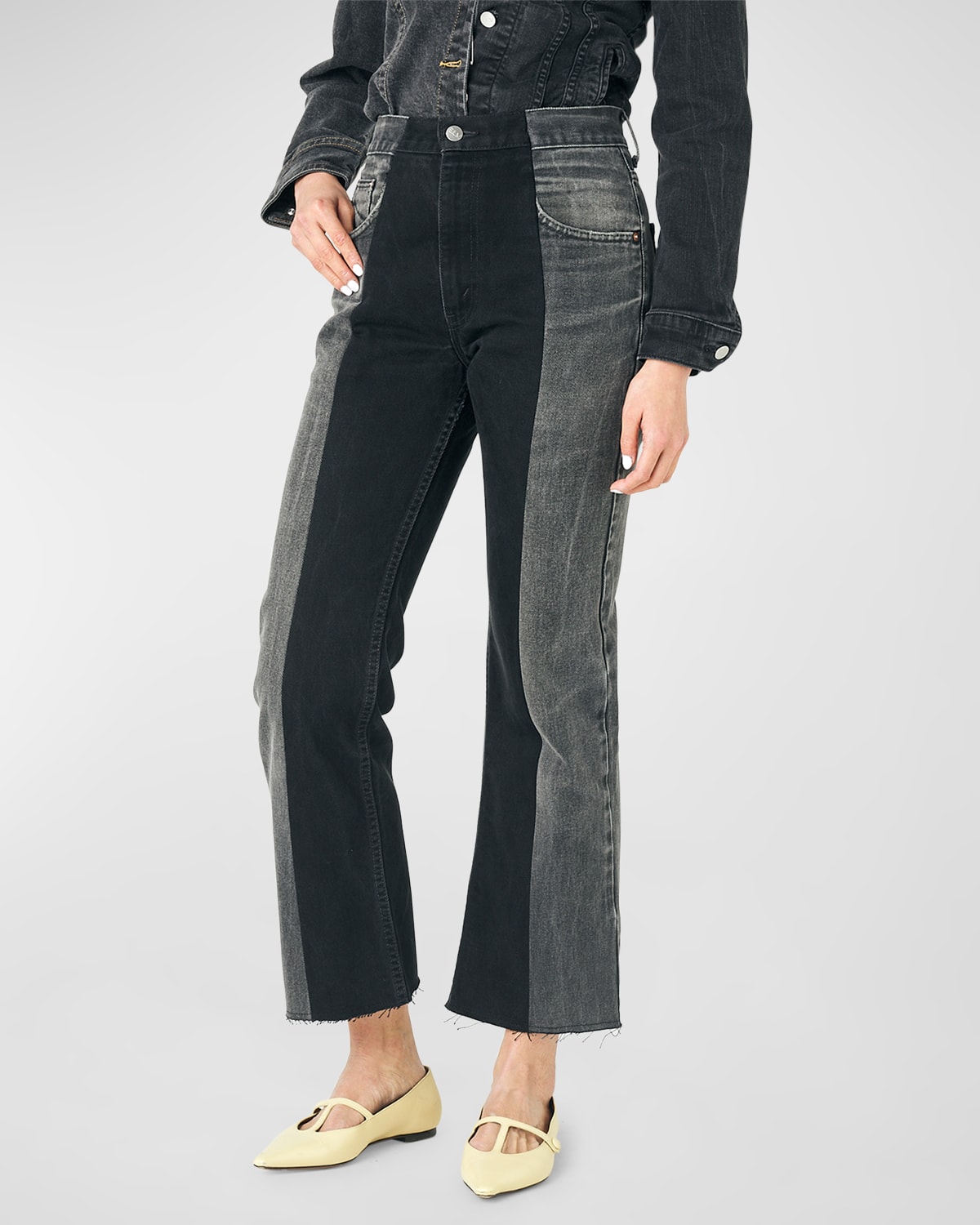 E.l.v Denim Two-tone Cropped Flare Jeans In Charcoal Grey Bla