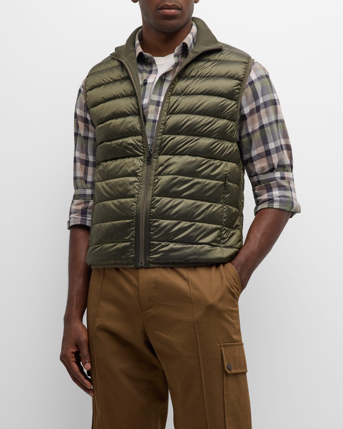 Neiman Marcus Men's Cashmere-lined Quilted Nylon Vest In Olive