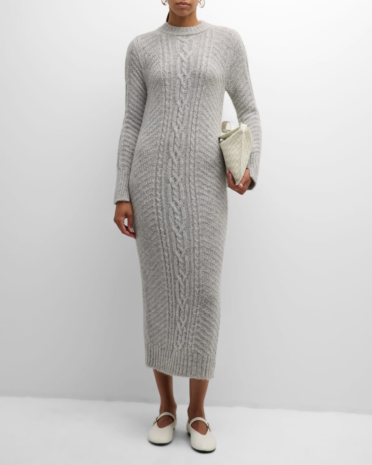 Lora Cable-Knit Split-Cuff Midi Sweater Dress