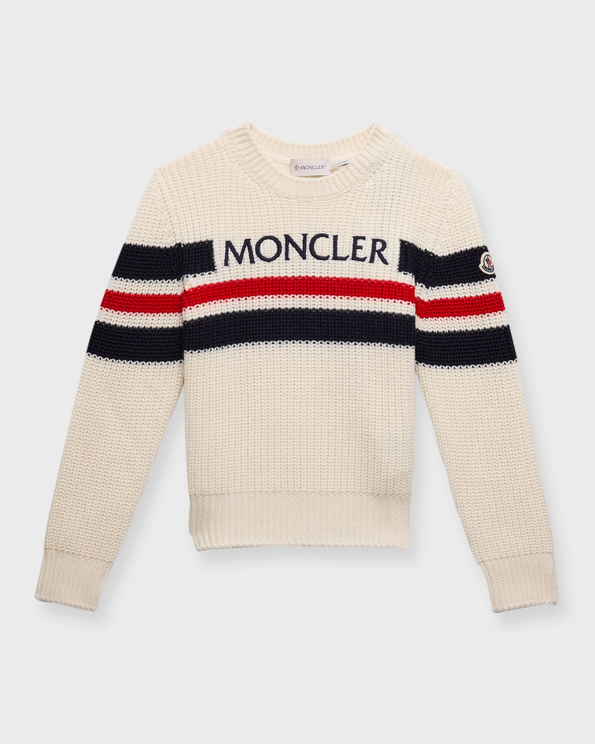 Shop Moncler Boy's Logo-print Tri Stripe Wool Sweater In White