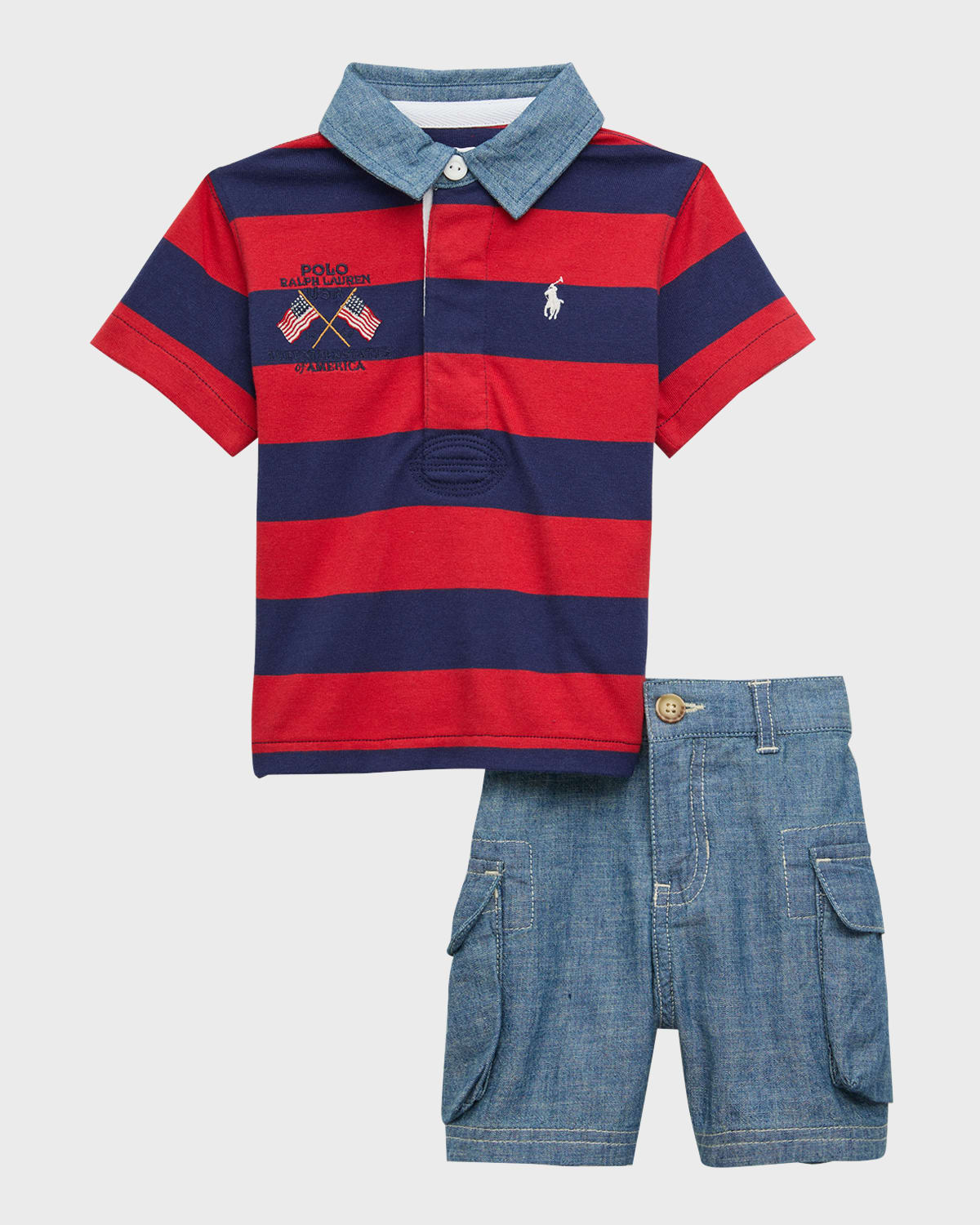 RALPH LAUREN BOY'S EMBROIDERED RUGBY SHIRT & CHAMBRAY SHORTS SET