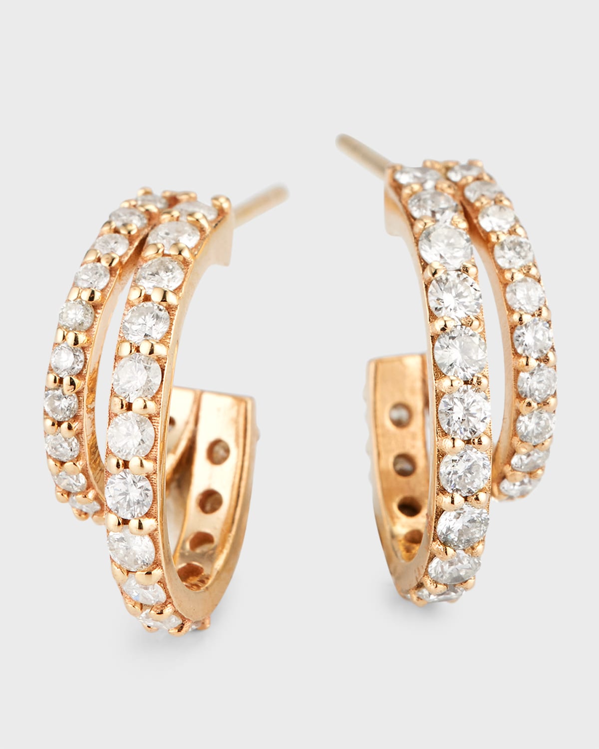 14K Yellow Gold Split Double Diamond Huggie Earrings