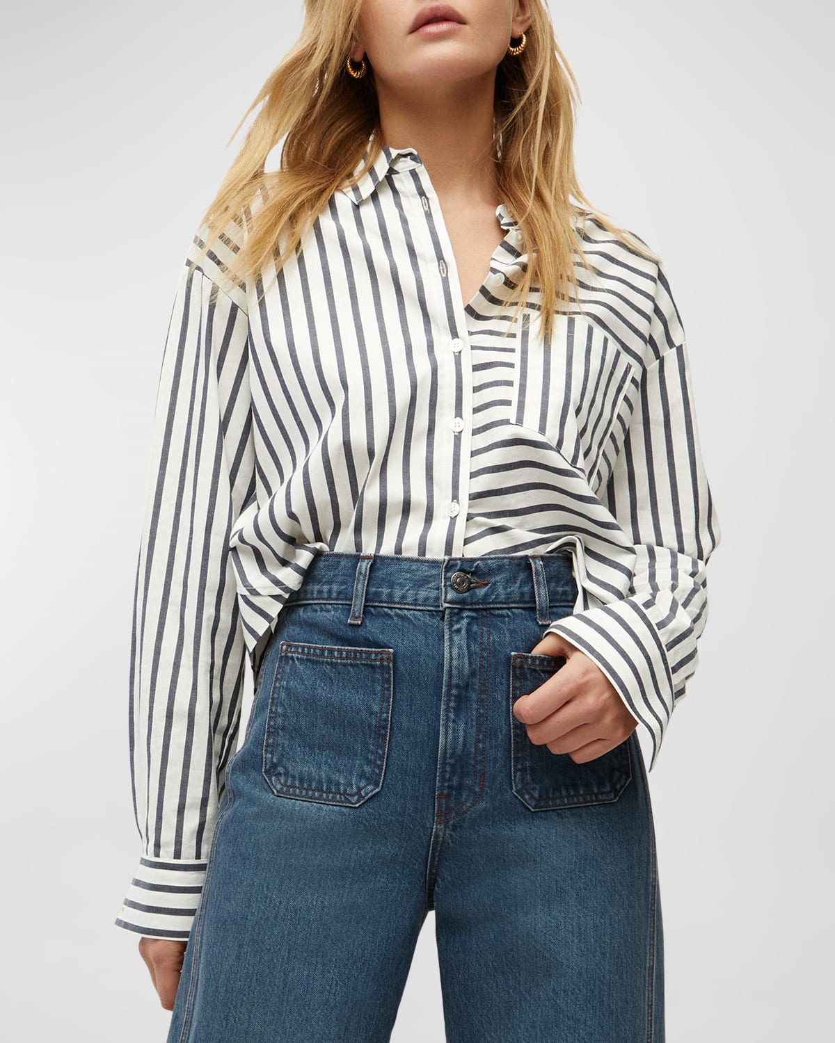 Shop Veronica Beard Aderes Multi-stripe Shirt In Marineoff-white
