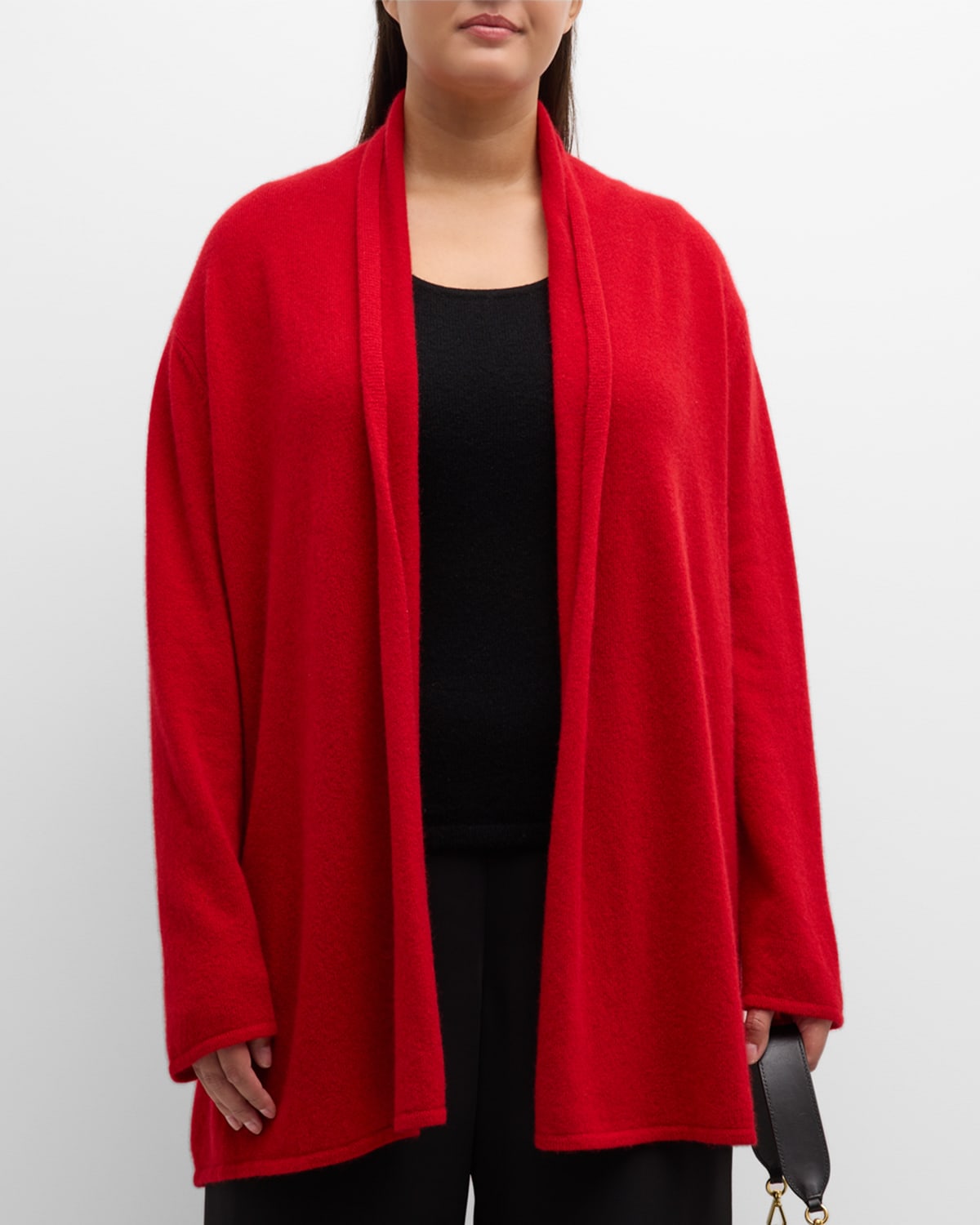 Neiman Marcus Plus Size Cashmere Open Cardigan In Red