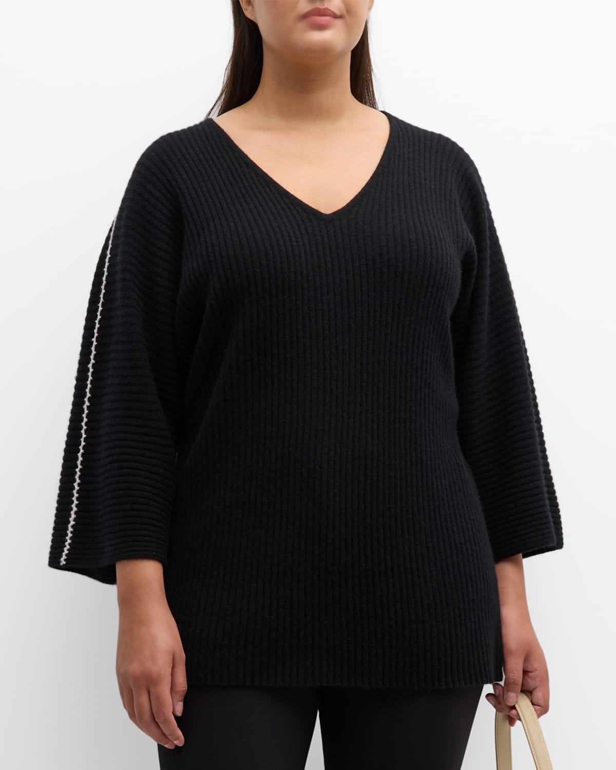 Neiman Marcus Plus Size Cashmere Ribbed Jumper With Whipstitch Detail In Black/white