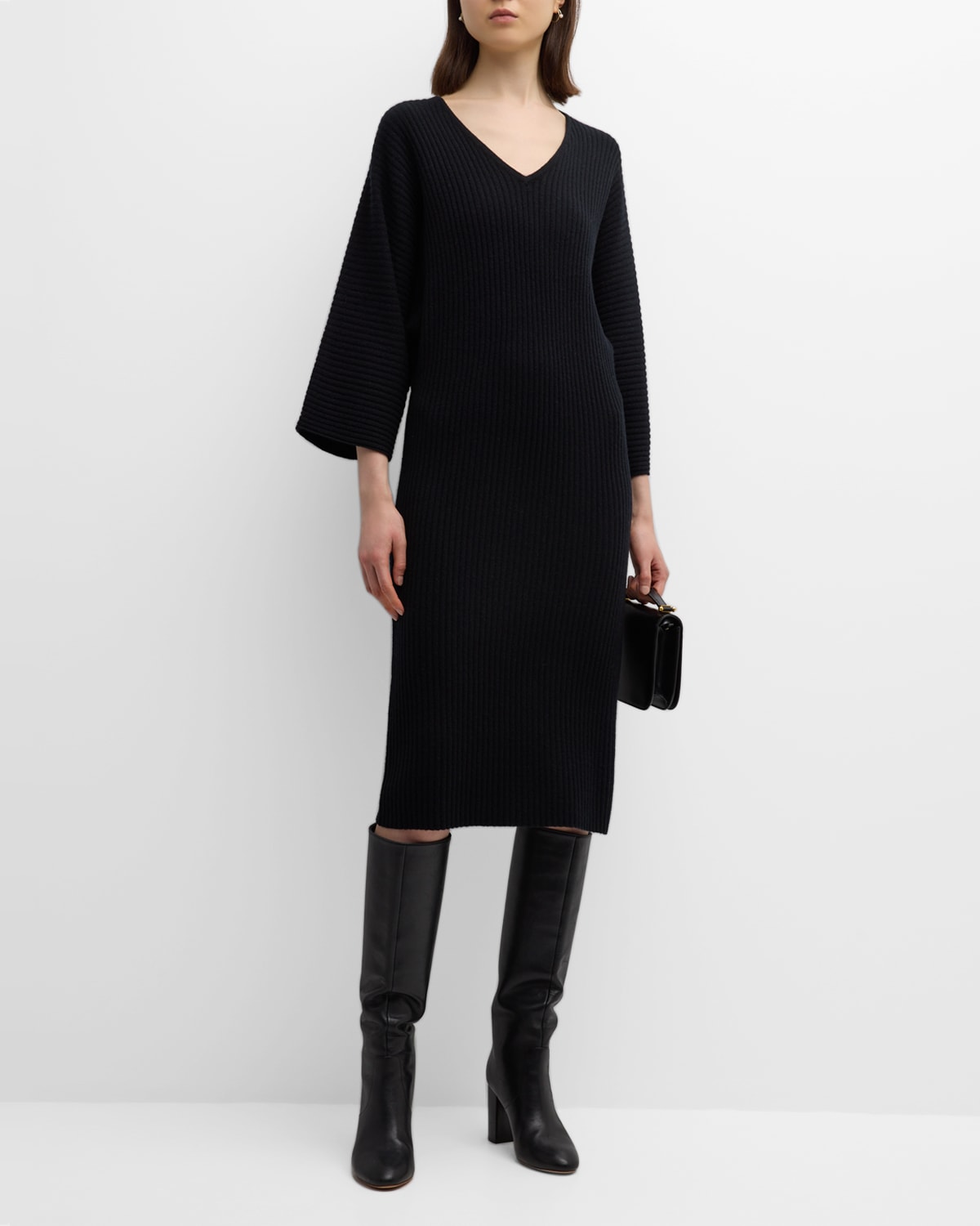 Neiman Marcus Cashmere Ribbed Dolman-sleeve Sweater Dress In Black/white