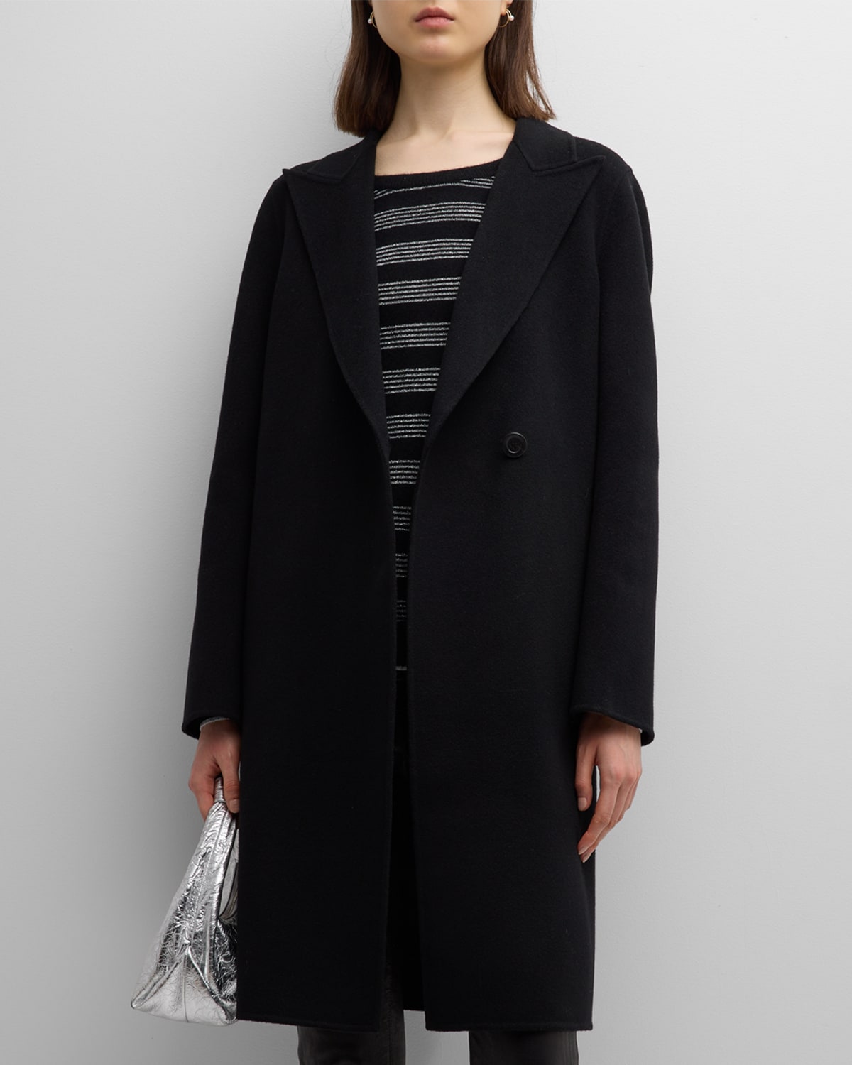 Neiman Marcus Double-face Cashmere Belted Overcoat In Black