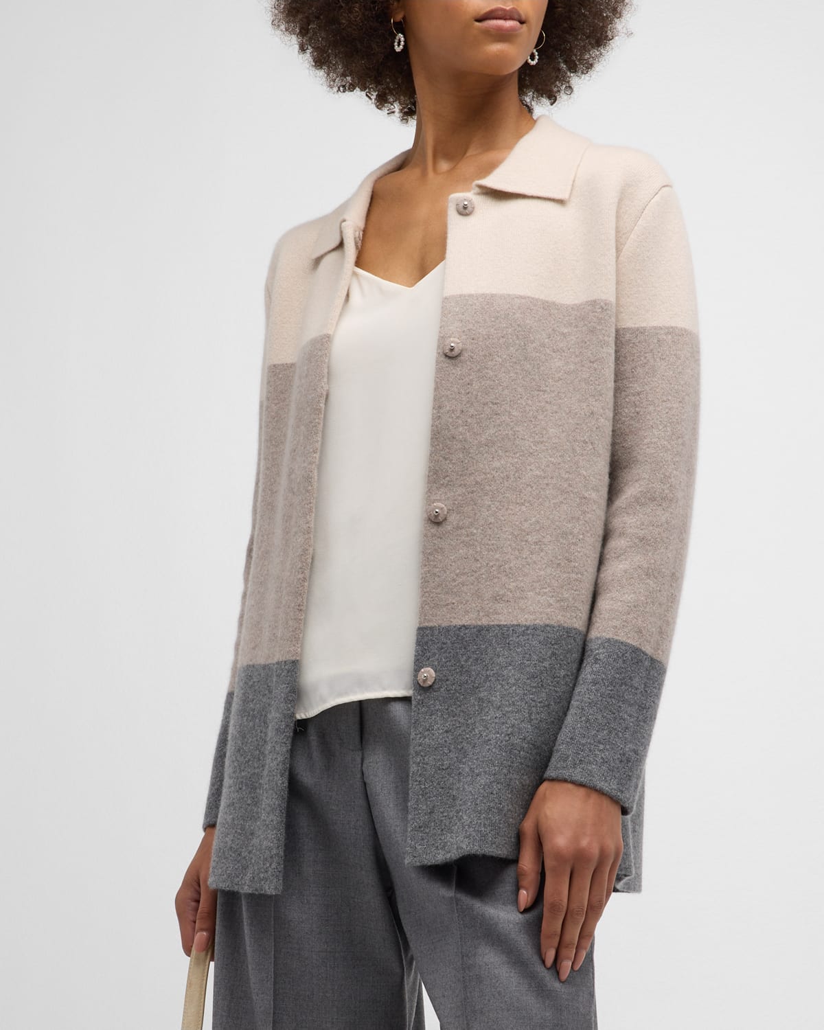 Neiman Marcus Cashmere Double-knit Colorblock Shirt Jacket In Bone/cafe/heather