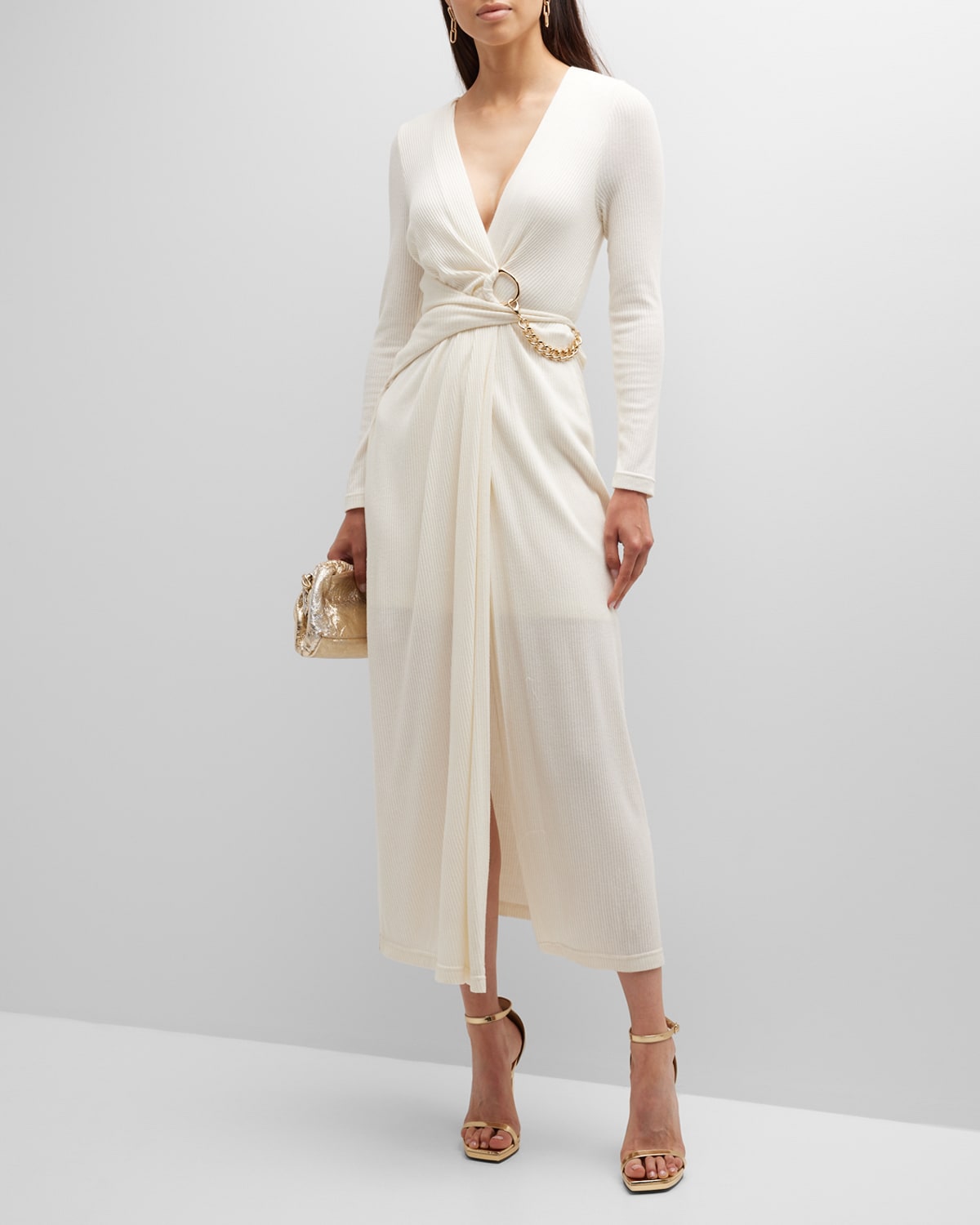 Acler Alfred Knit Wrap Gold-chain Midi Dress In White