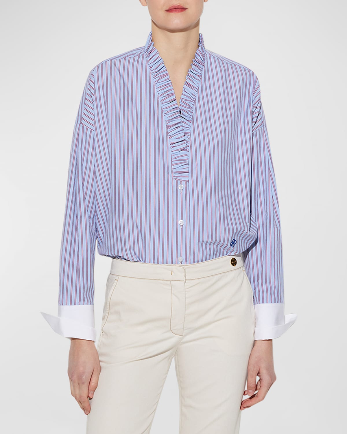 Callas Milano Tamara Striped Ruffle-trim Cotton Shirt In Blue