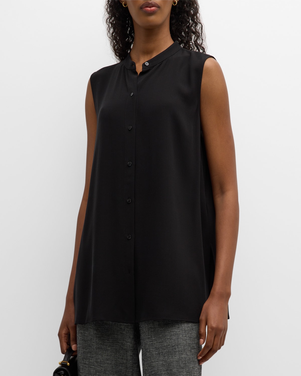 EILEEN FISHER SLEEVELESS BUTTON-DOWN GEORGETTE CREPE SHIRT