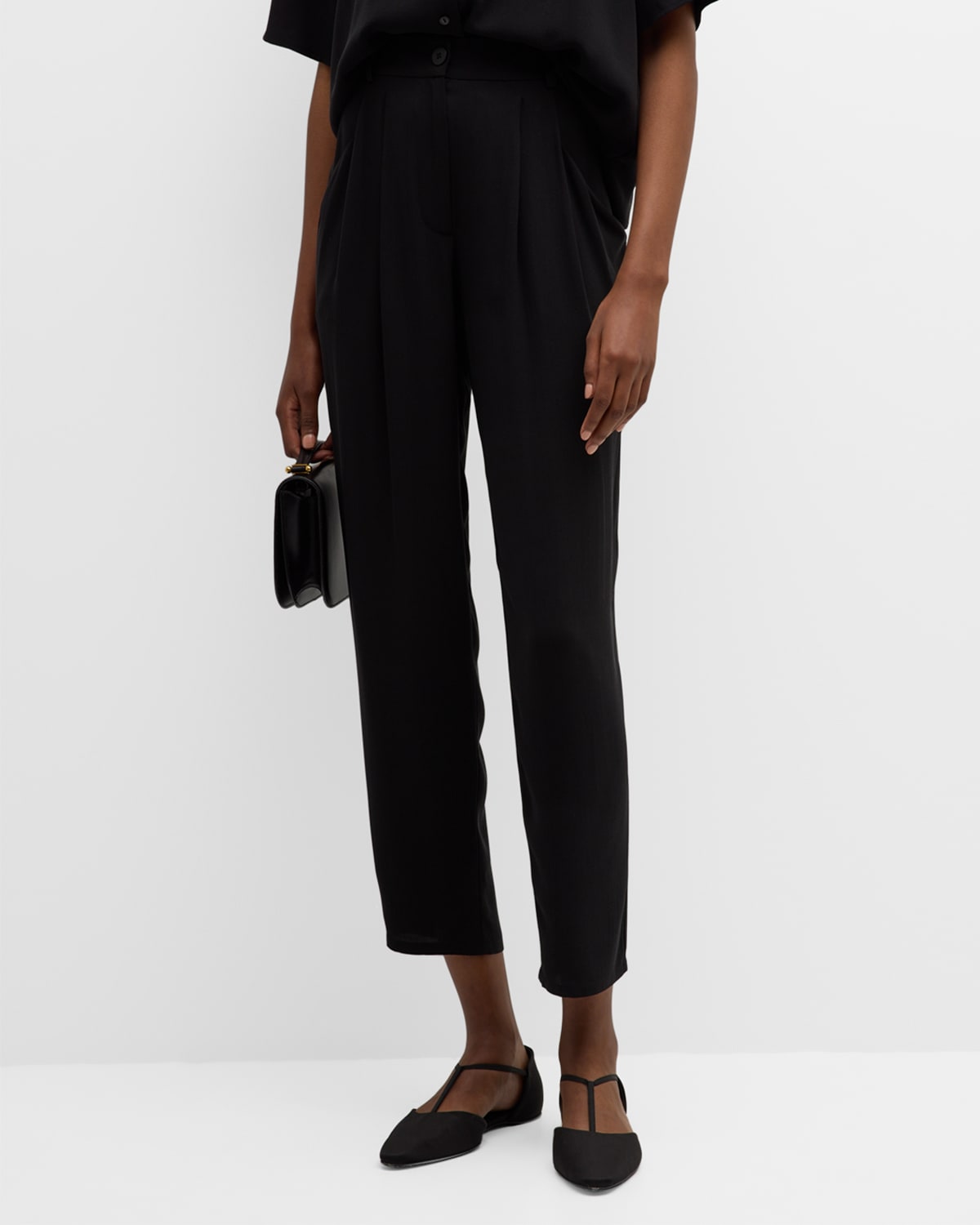 Eileen Fisher Pleated Georgette Crepe Ankle Pants In Black