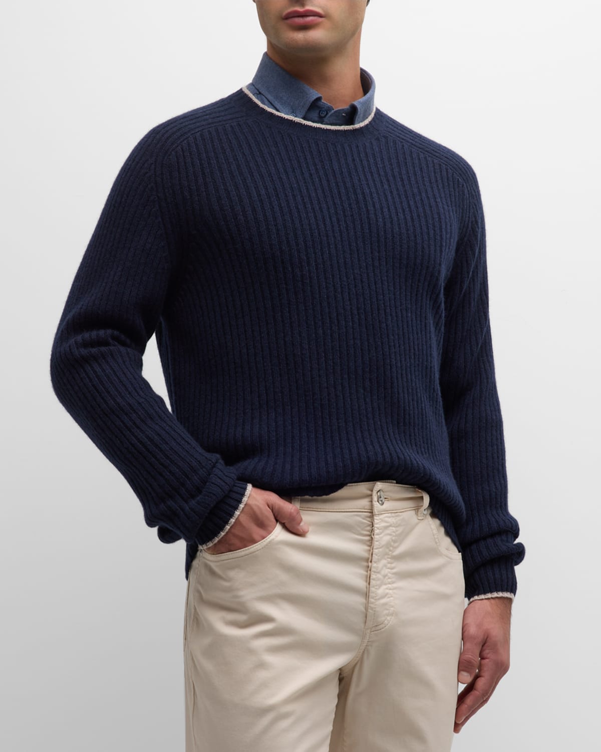Neiman Marcus Men's Wool-cashmere Ribbed Crewneck Sweater With Tipping In Navy