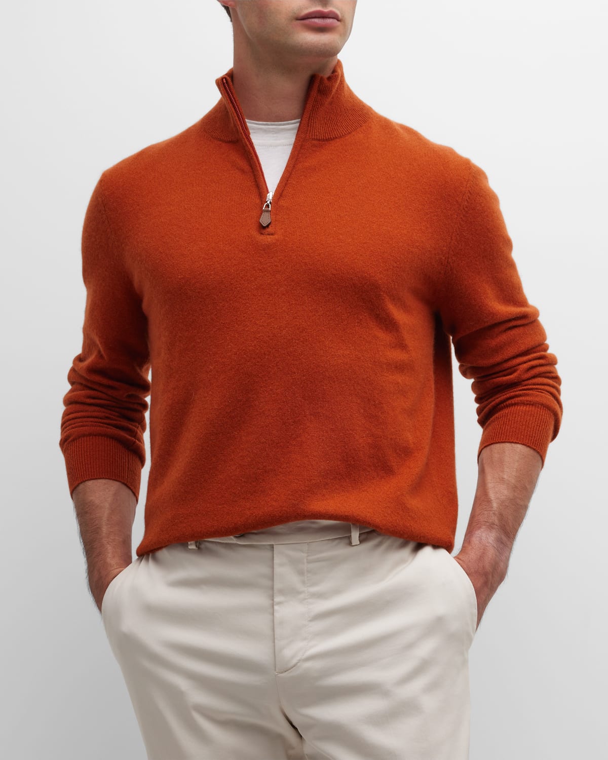 Neiman Marcus Men's Cashmere Quarter-zip Sweater In Burnt Orange