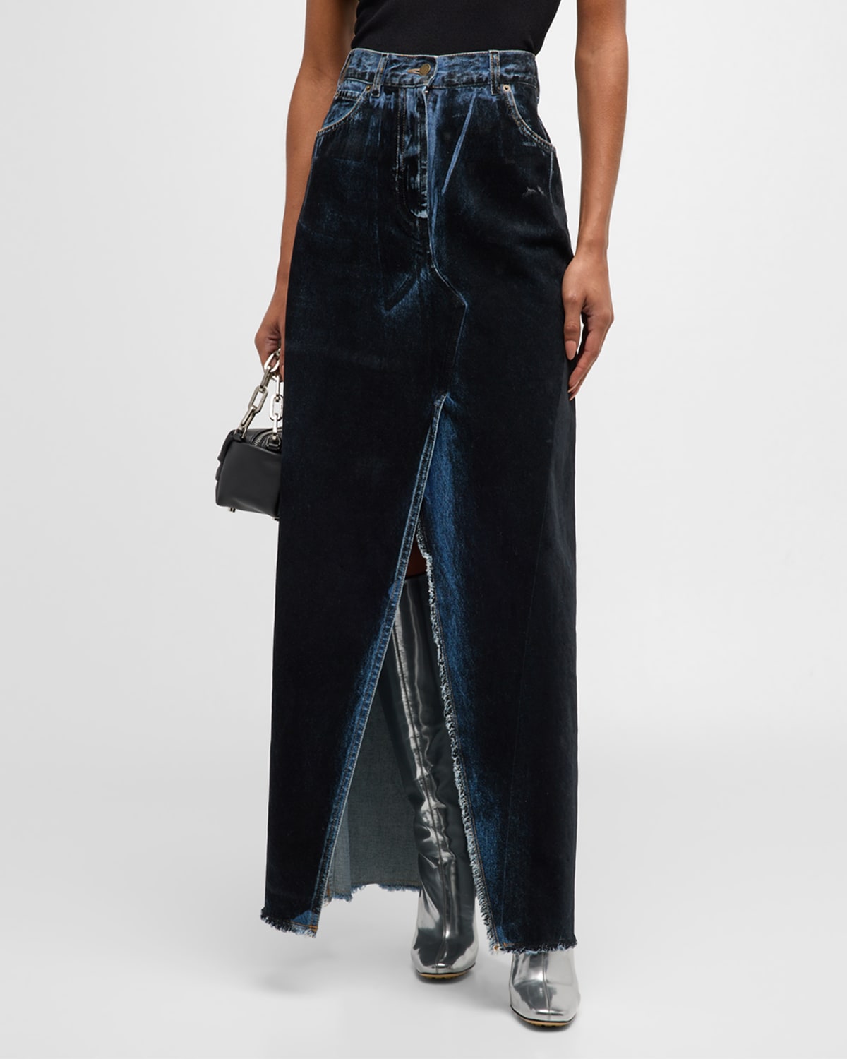 Darkpark Emma Raw Edge Denim Maxi Skirt In Medium Wash Flock