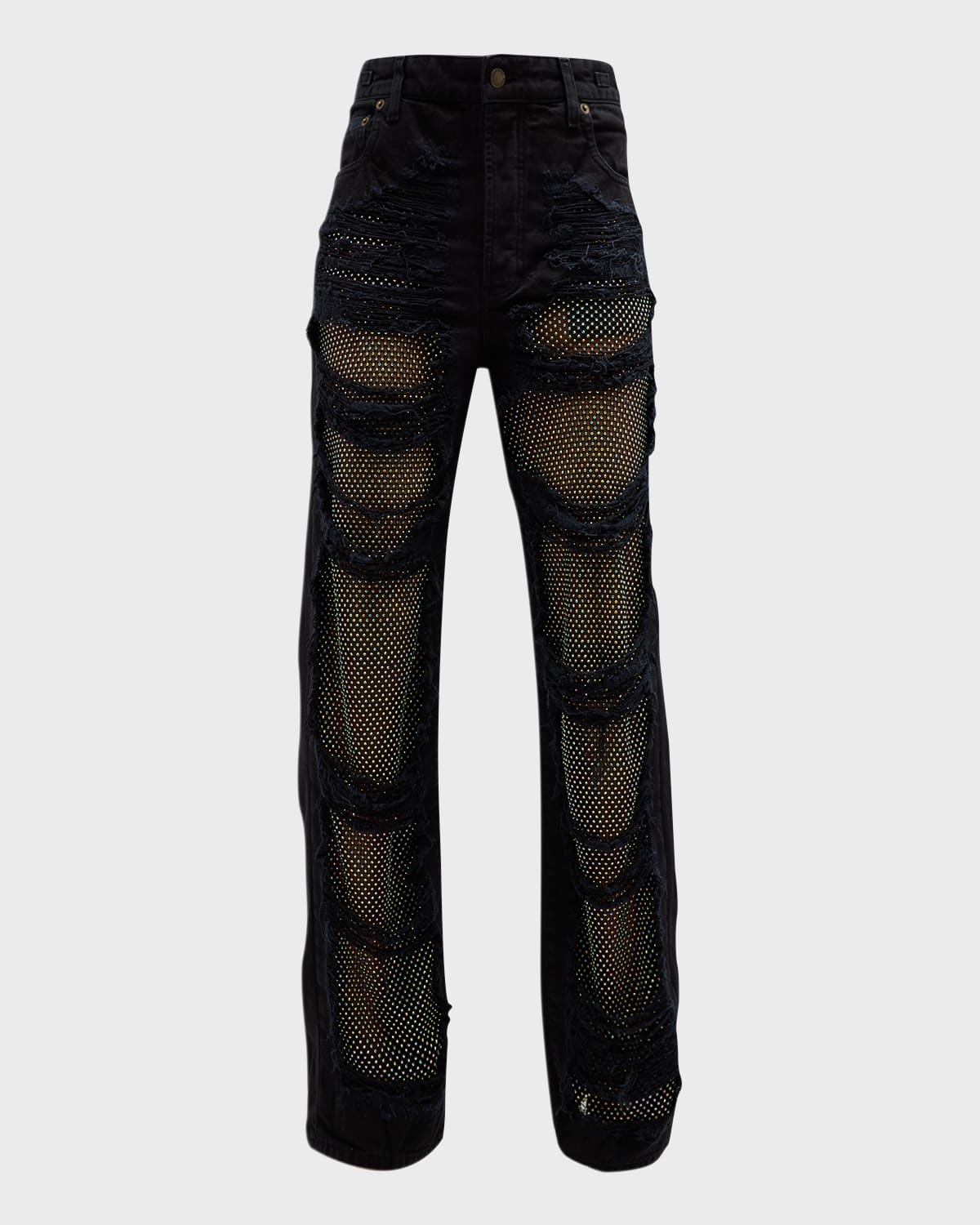 Shop Darkpark Karen Shredded Crystal-panel Straight-leg Jeans In Black