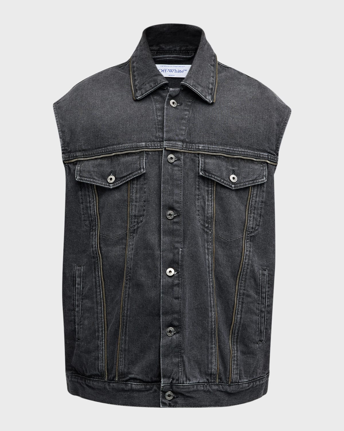 Off-white Logo-patch Decorative-zip Denim Gilet In Grey No Color