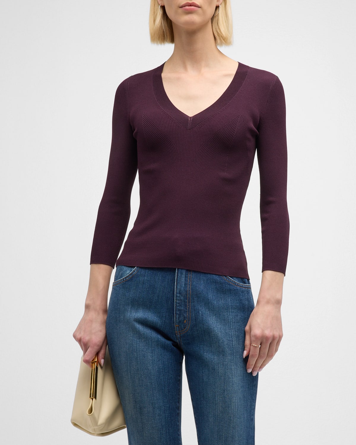 ST JOHN V-NECK FINE GAUGE RIB KNIT SWEATER