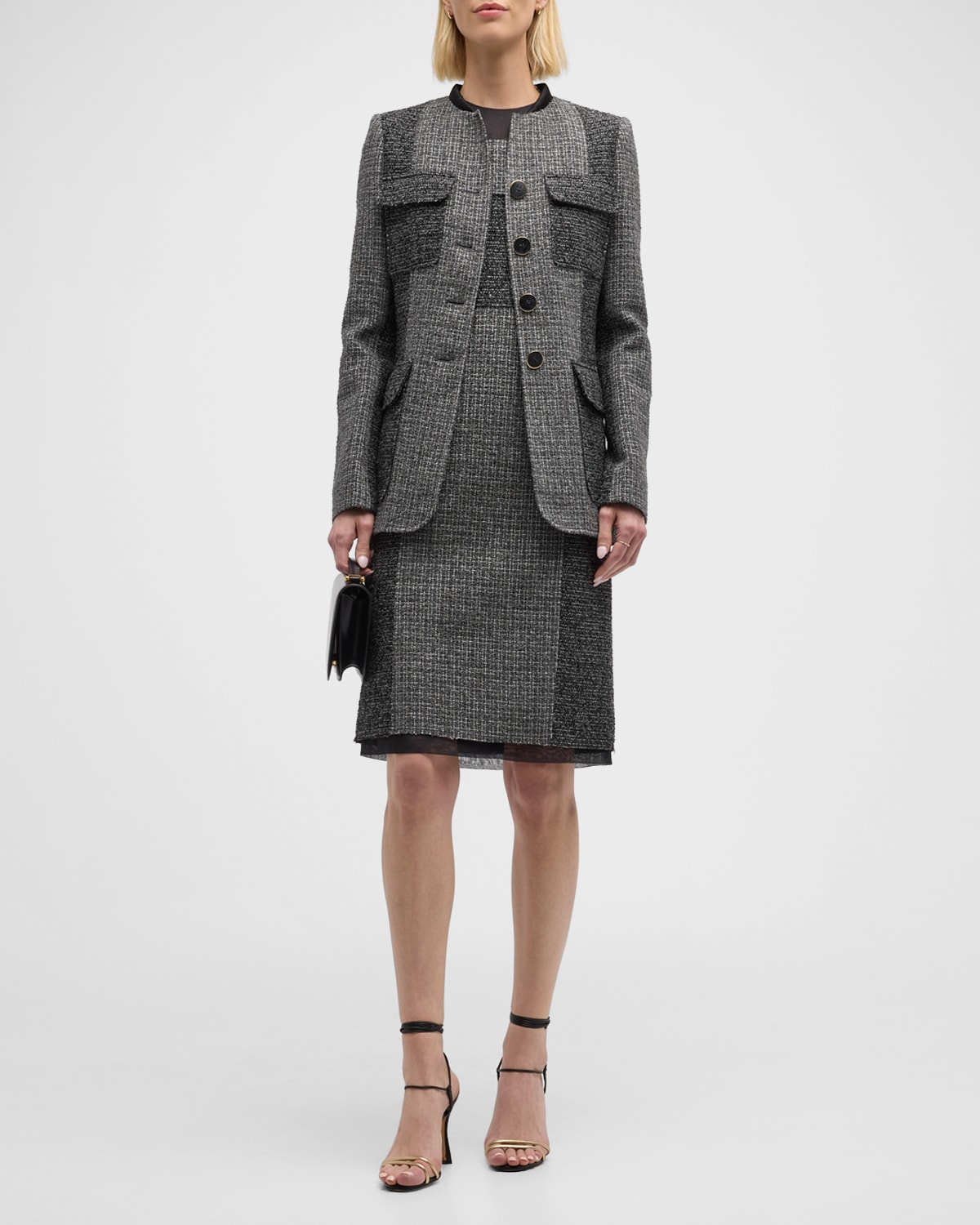 St John Bicolor Tweed Paneled Sleeveless Dress In Gray