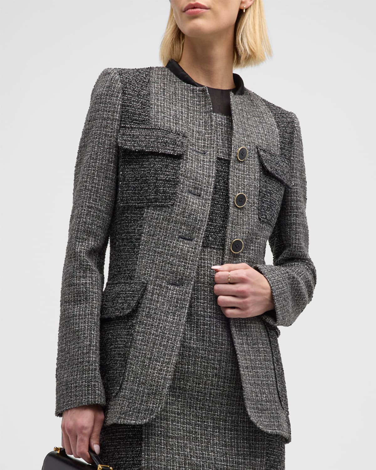 Micro Pattern Paneled Tweed Single-Breasted Jacket