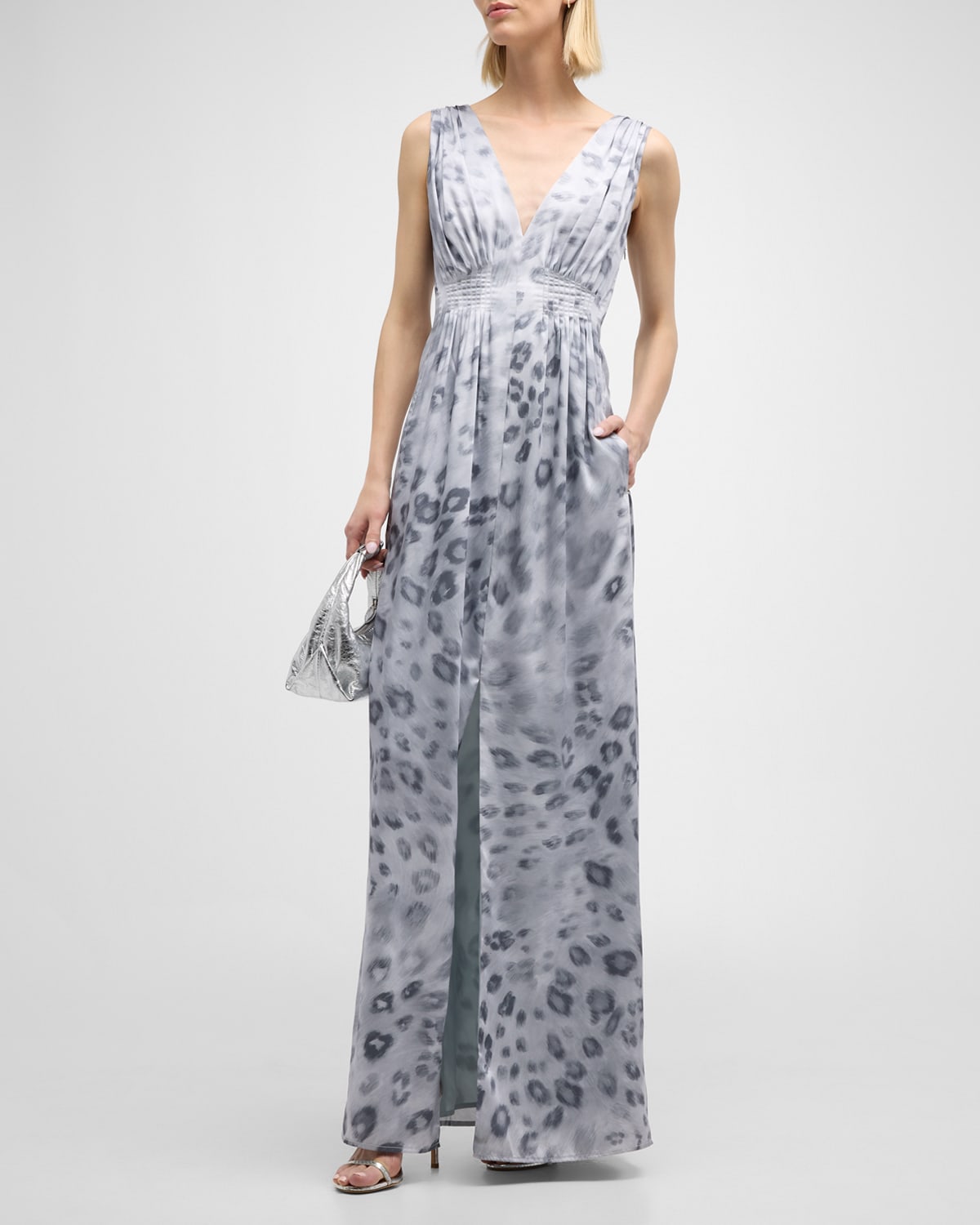 St John Painted Leopard-print Sleeveless Gathered Gown In Gray