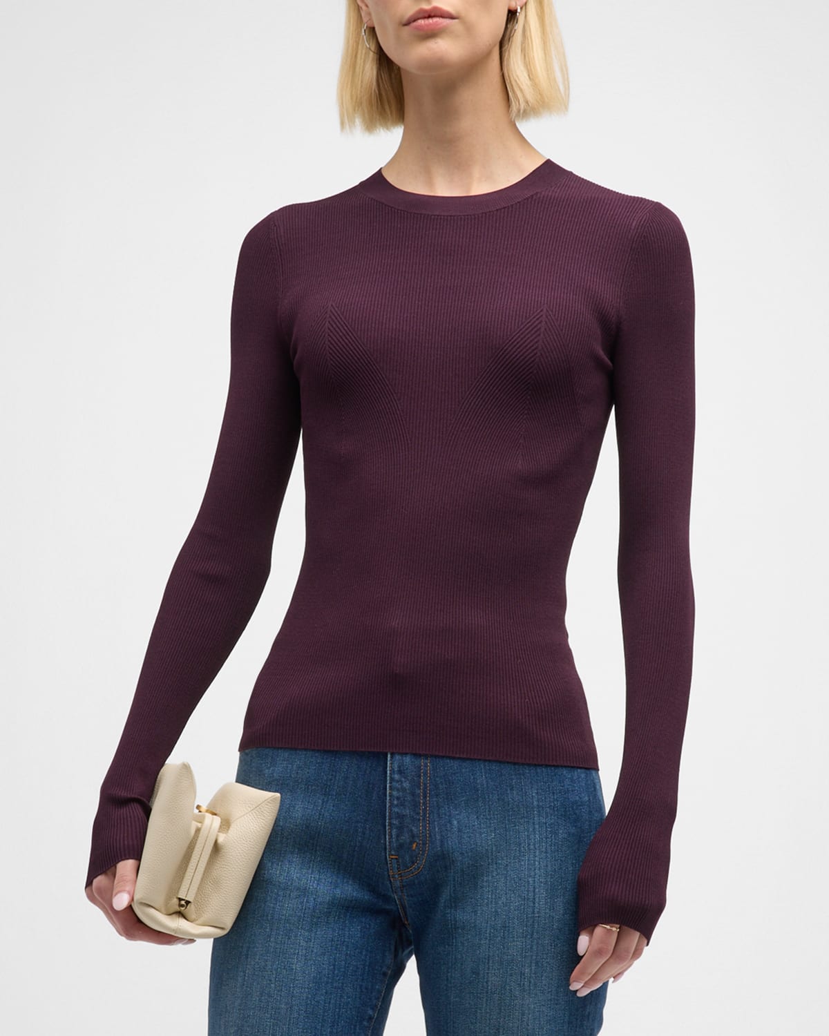 Fine Gauge Engineered Rib Knit Long-Sleeve Sweater