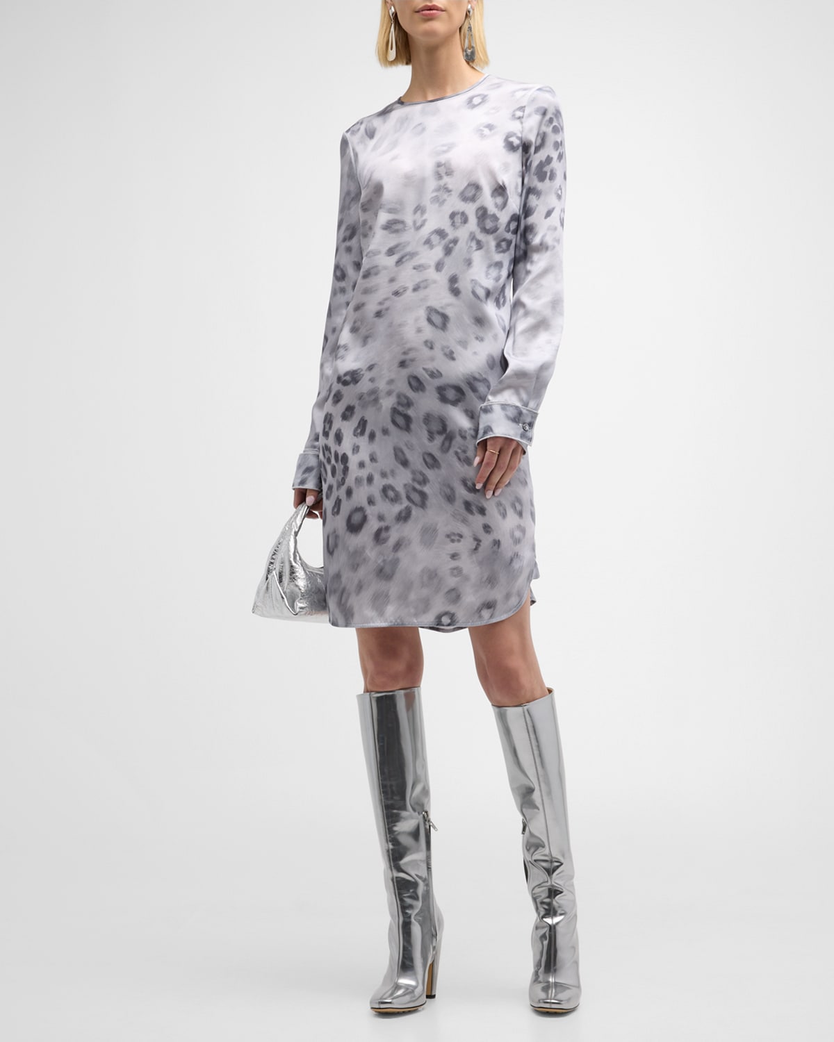 Shop St John Blur Leopard-print Long-sleeve Satin Crepe Dress In Multi